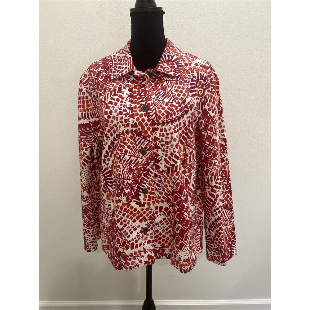 ADDITIONS by Chicos Sz 3 Womens XL Jacket Red/White Print Button Up Pockets